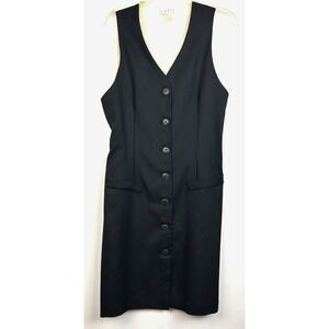 Vintage Dress Womens 12 Black Sleeveless Vest Look Button 80s USA Secretary